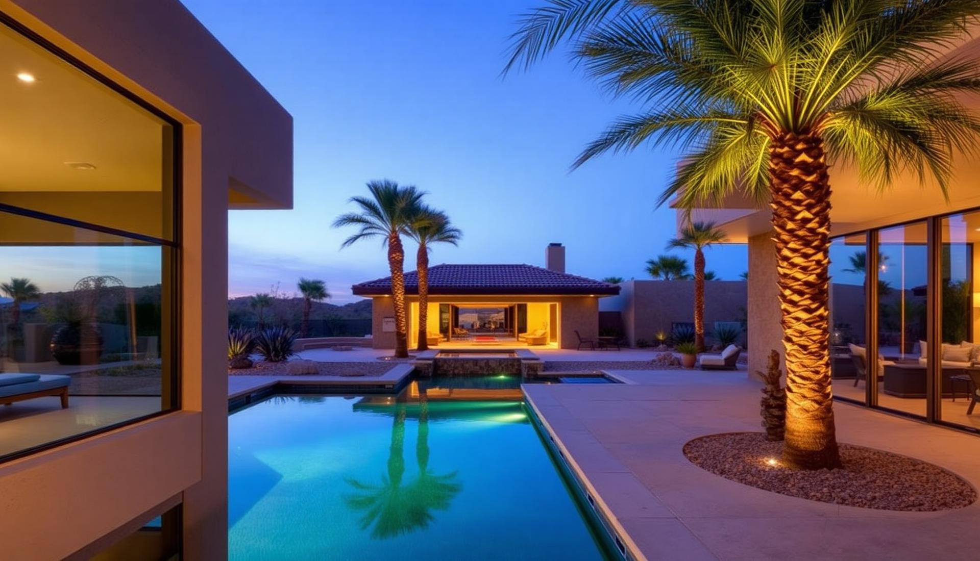 Sonoran desert estate with palm trees at twilight