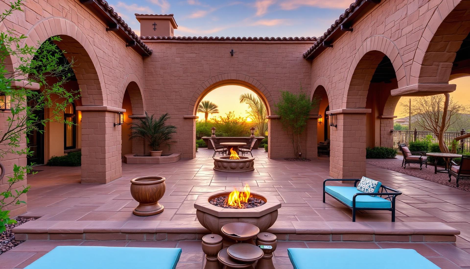 Scottsdale hacienda courtyard with fire bowls at sunset